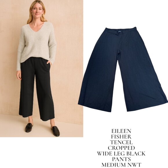EILEEN FISHER BLACK TENCIL CROPPED WIE LEG PANTS TROUSER MEDIUM NWT - Picture 1 of 4